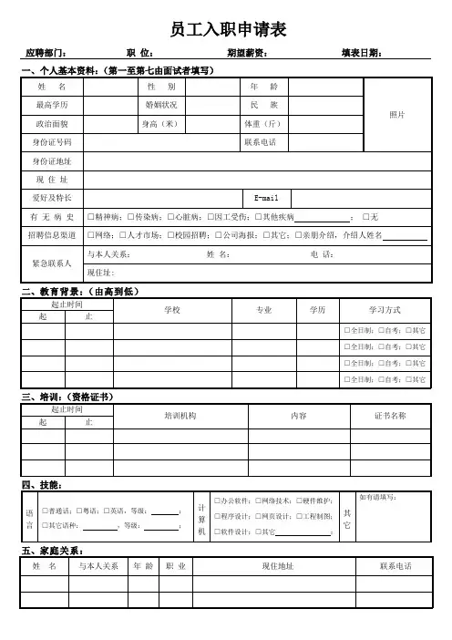 员工入职申请表[空白模板]