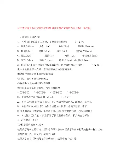 辽宁省凌海市石山初级中学2020届九年级语文寒假作业(25)(无答案) 语文版