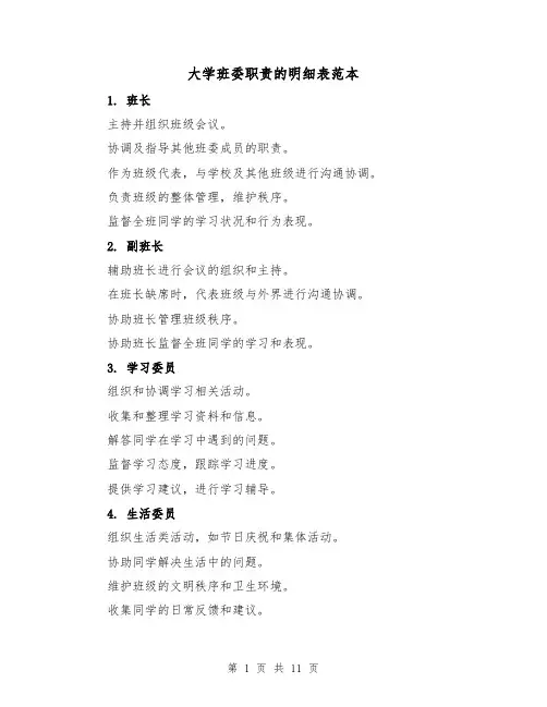 大学班委职责的明细表范本(六篇)