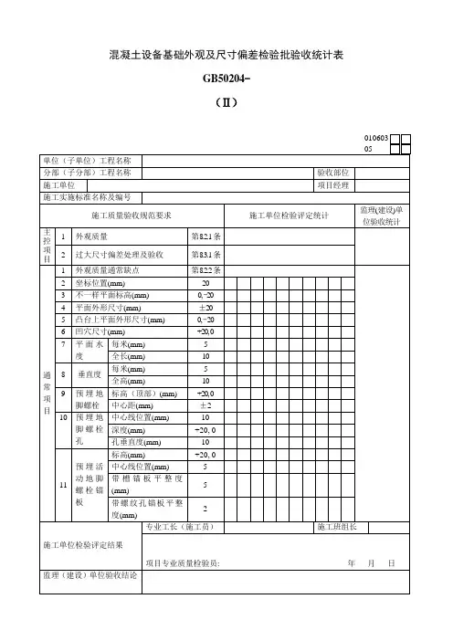 混凝土设备基础外观及尺寸偏差检验批验收记录表
