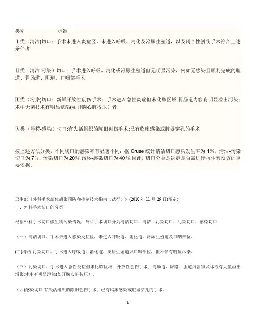 手术切口分类Ⅰ、Ⅱ、Ⅲ、Ⅳ类切口分类的标准[1]