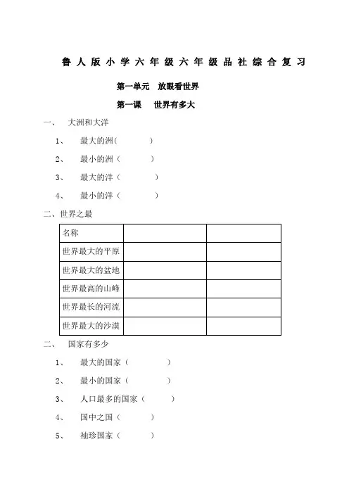 鲁人版小学六年级六年级品社下册综合复习