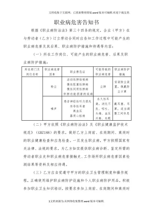职业病危害告知书(粉尘、噪声)