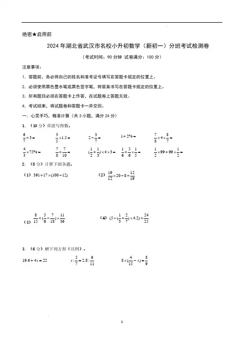 2024年湖北省武汉市名校小升初数学(新初一)分班考试检测卷 A4原卷