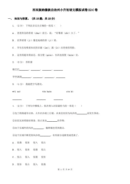 西双版纳傣族自治州小升初语文模拟试卷(5)C卷