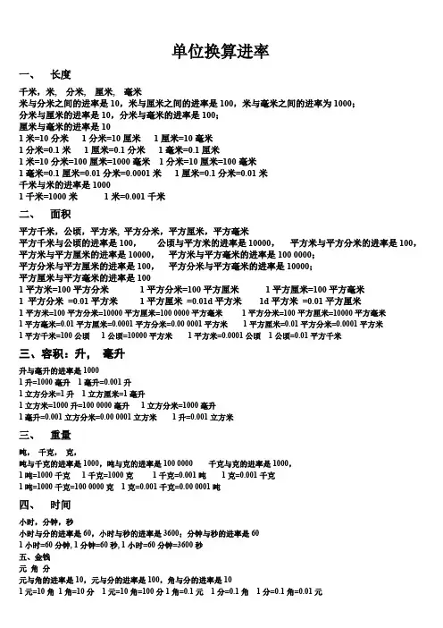 (完整版)小学数学单位换算进率表大全
