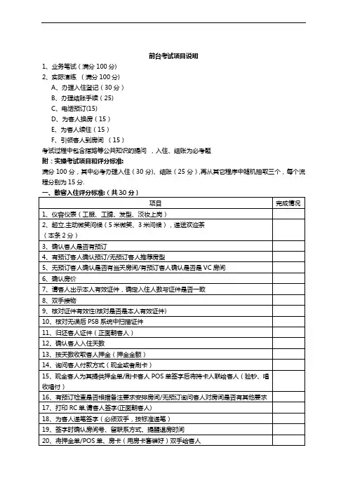 酒店前台实操考核表