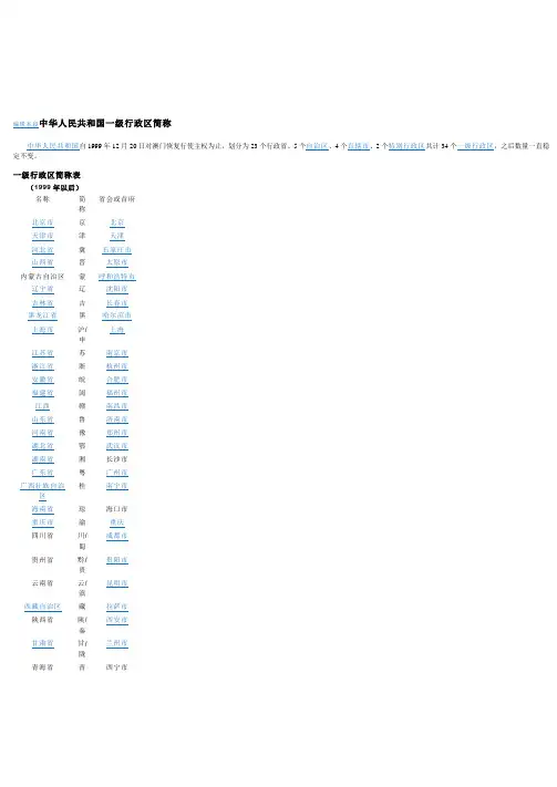 中国各省份的简称及行政中心