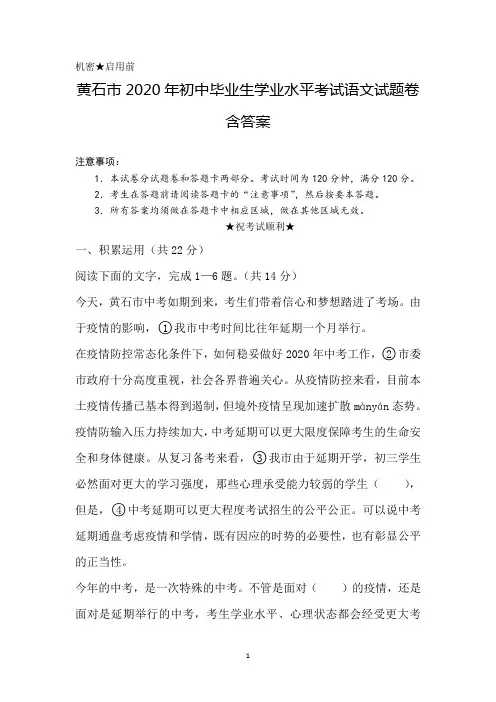 湖北省黄石市2020年中考语文试题含答案