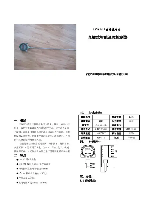 直插式液位变送控制器GWKD说明书
