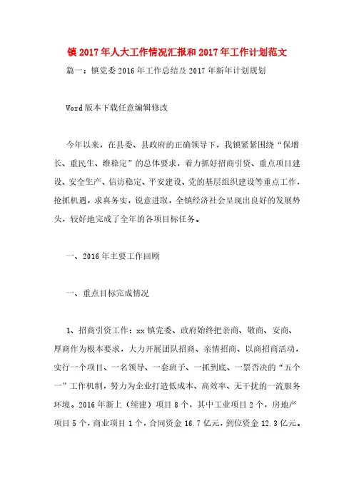 镇2017年人大工作情况汇报和2017年工作计划范文