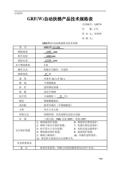 GRF(W)系列自动扶梯技术规格表