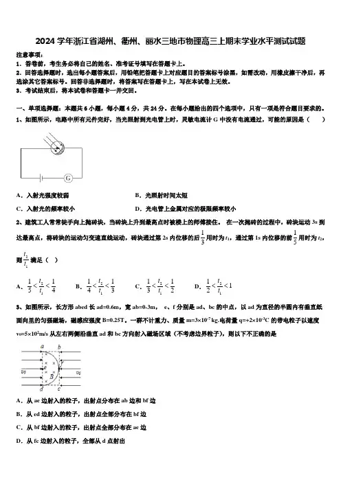 2024学年浙江省湖州、衢州、丽水三地市物理高三上期末学业水平测试试题含解析