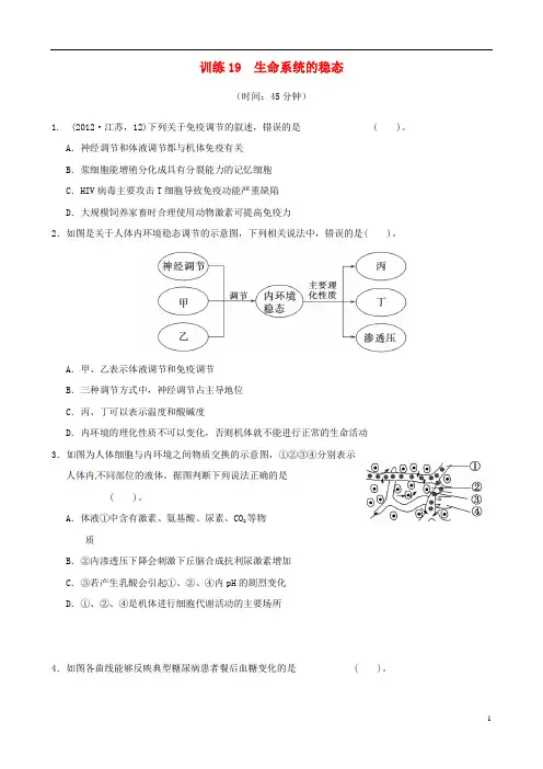 2013年高考生物二轮复习专练 专题19 生命系统的稳态 新人教版