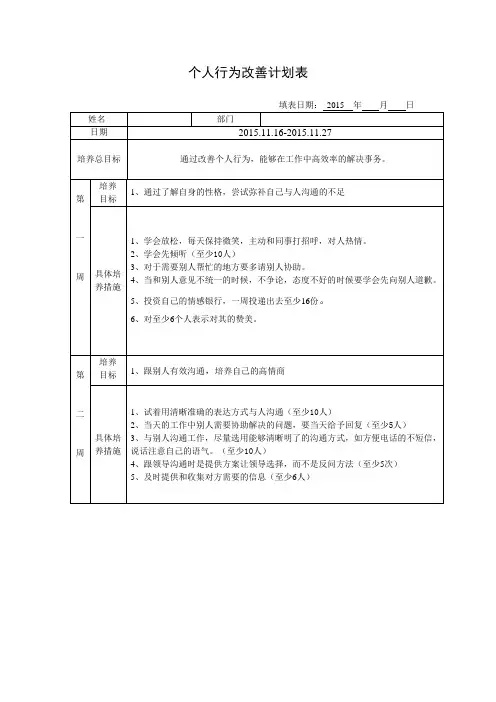 个人改进计划表1