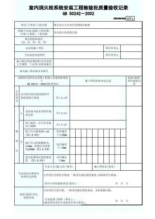 室内消火栓系统安装工程检验批质量验收记录