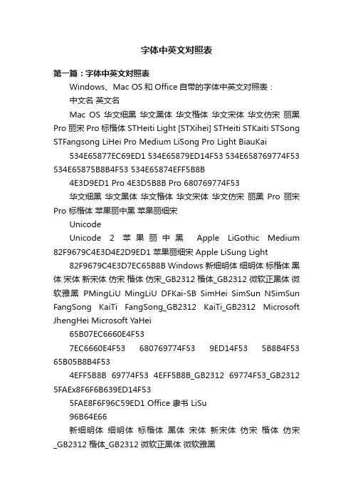 字体中英文对照表