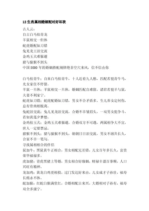 [鉴赏]12生肖属相婚姻配对短长表