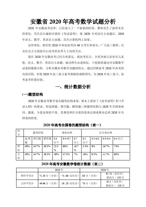 安徽省2020年高考数学试题分析 人教版