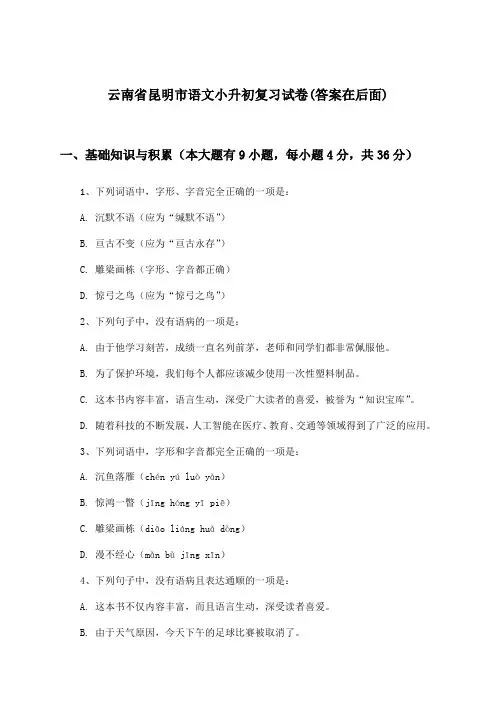 云南省昆明市语文小升初试卷及解答参考