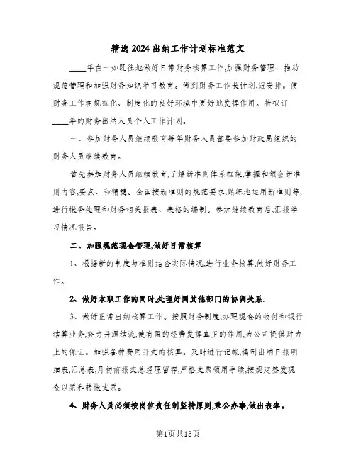 精选2024出纳工作计划标准范文（6篇）