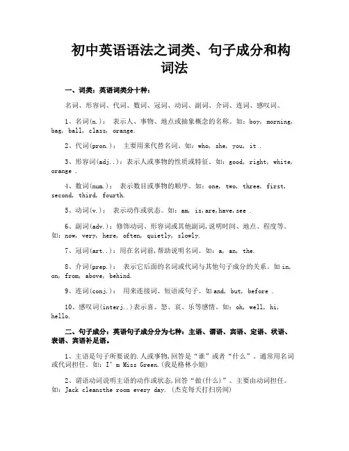 初中英语语法之词类句子成分和构词法