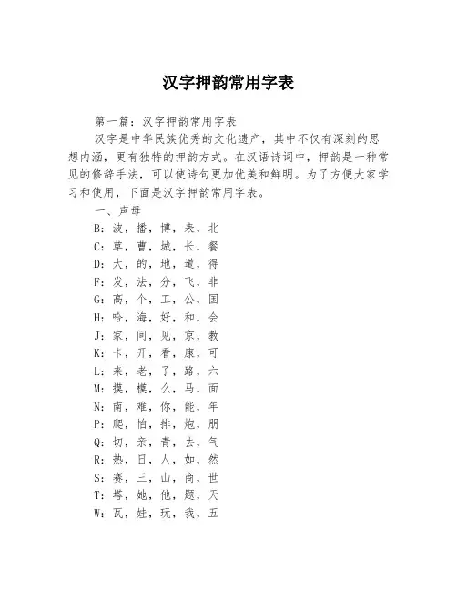 汉字押韵常用字表