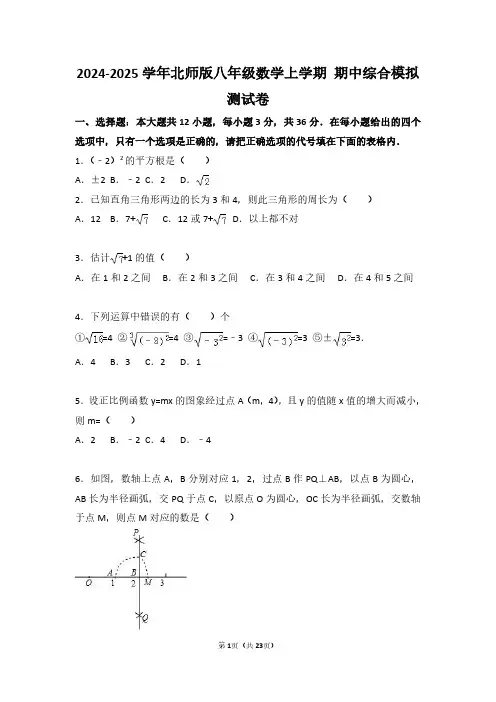 2024-2025学年北师版八年级数学上学期 期中综合模拟测试卷2