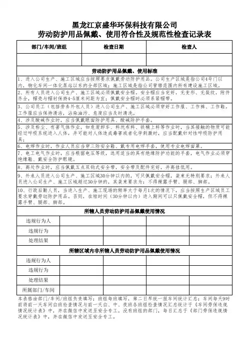 劳动防护用品佩戴使用情况检查表