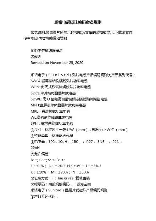 顺络电感磁珠编码命名规则