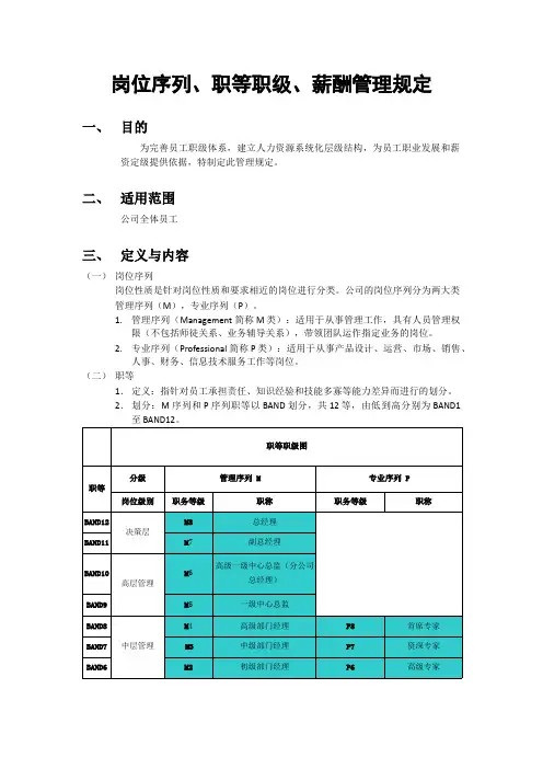 岗位序列 职等职级和薪酬管理规定
