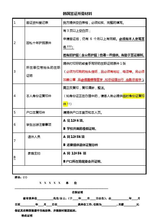 韩国团队旅游签证所需材料