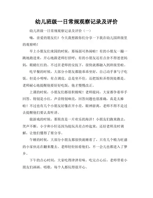 幼儿班级一日常规观察记录及评价