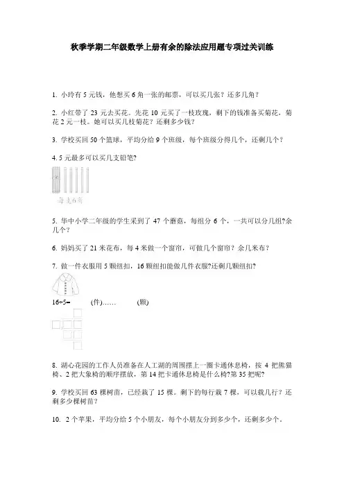 秋季学期二年级数学上册有余的除法应用题专项过关训练