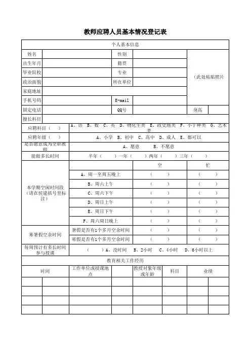 教师应聘人员基本情况登记表