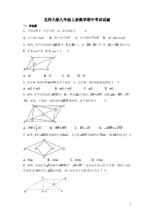 北师大版九年级上册数学期中考试试卷含答案
