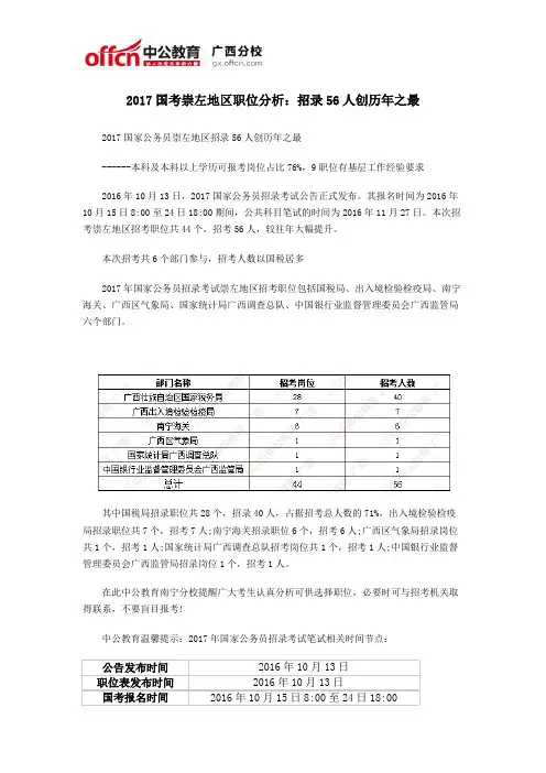 2017国考崇左地区职位分析：招录56人创历年之最
