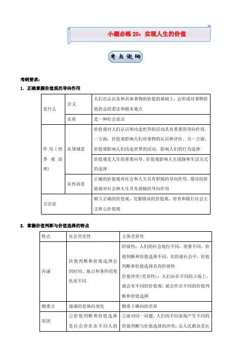 新高考政治小题必练20实现人生的价值