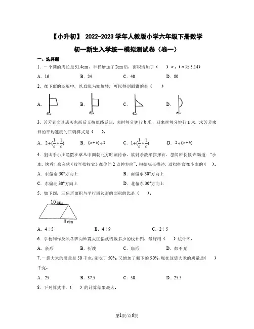 小升初 2022-2023学年人教版小学六年级下册数学初一新生入学统一模拟测试卷(卷一)含答案