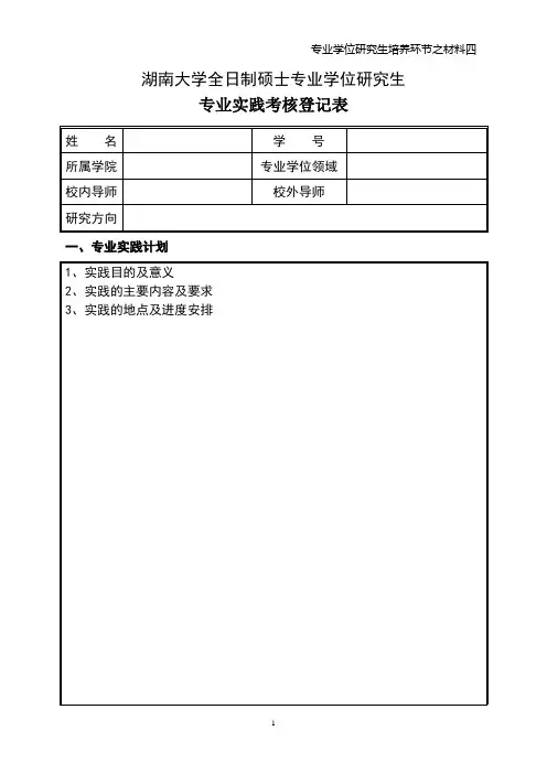 湖南大学全日制硕士专业学位研究生专业实践考核登记表
