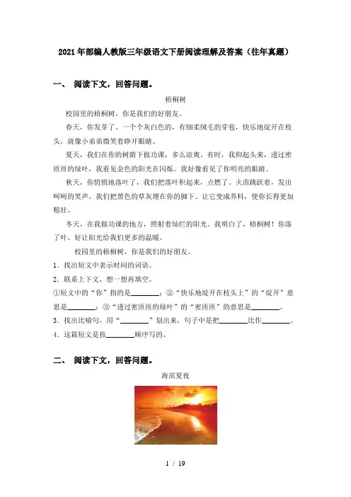 2021年部编人教版三年级语文下册阅读理解及答案(往年真题)