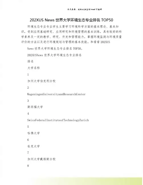 202XUS News世界大学环境生态专业排名TOP50.doc