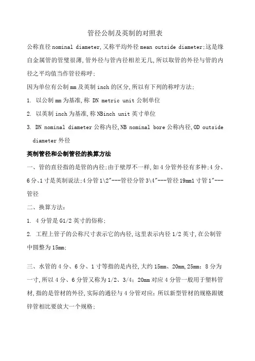 管径公制及英制的对照表