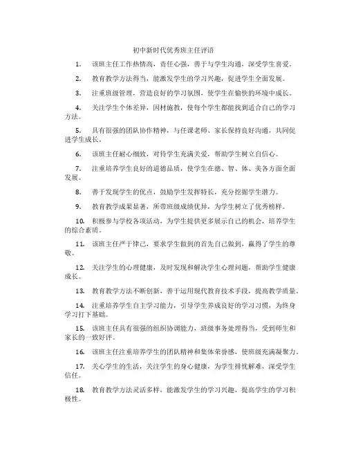 初中新时代优秀班主任评语