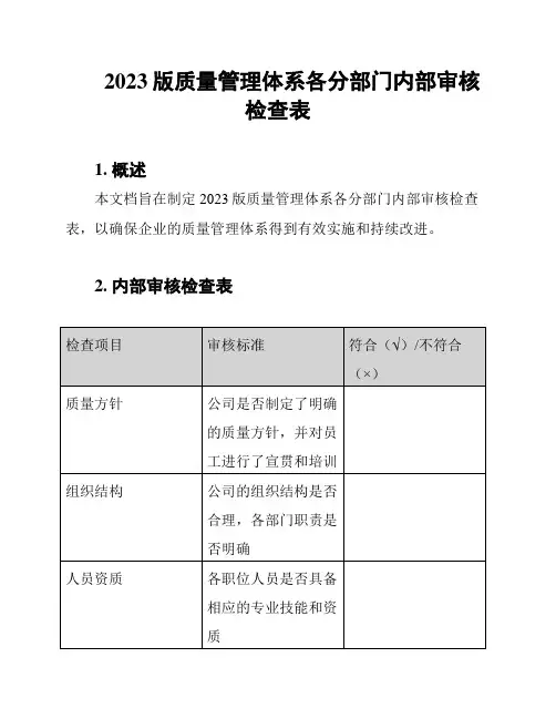 2023版质量管理体系各分部门内部审核检查表