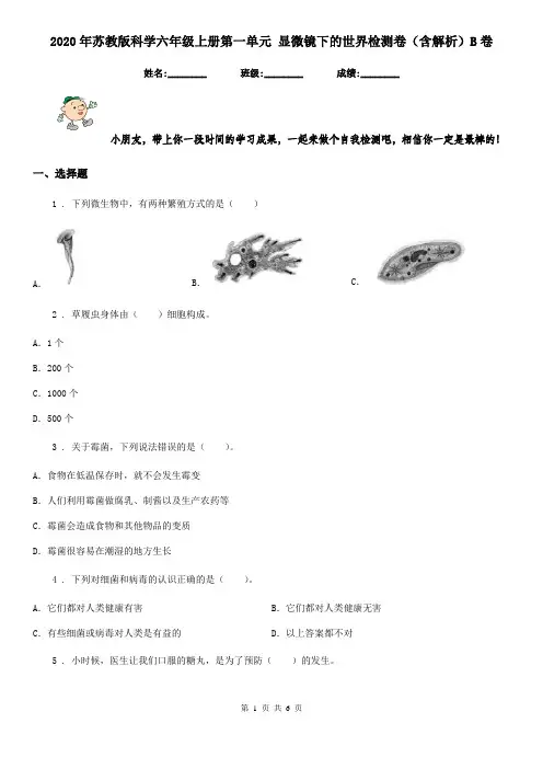 2020年苏教版科学六年级上册第一单元 显微镜下的世界检测卷(含解析)B卷