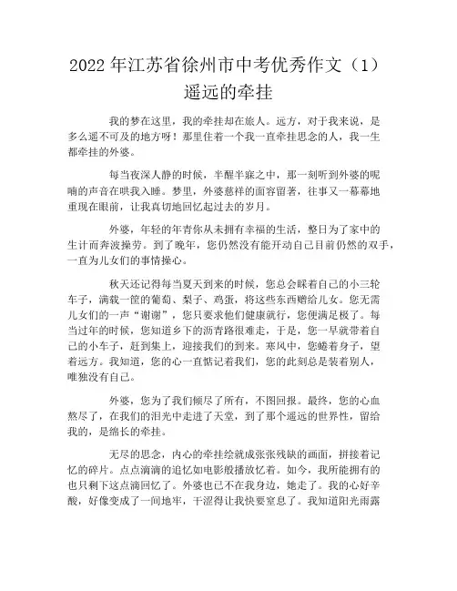 2022年江苏省徐州市中考优秀作文(1)遥远的牵挂