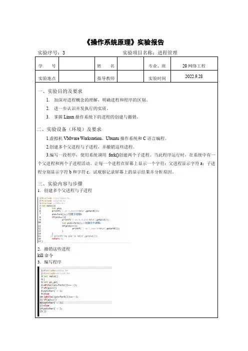 操作系统原理实验3-进程管理