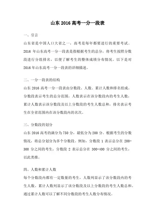 山东2016高考一分一段表