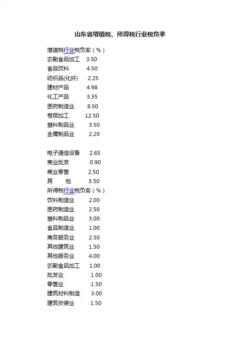 山东省增值税、所得税行业税负率
